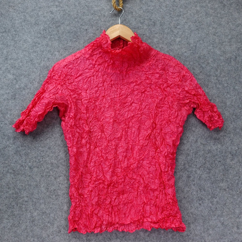 Crinkle Popcorn Knit Top Womens XS S Pink Y2K Barbiecore Mock Neck Belldini